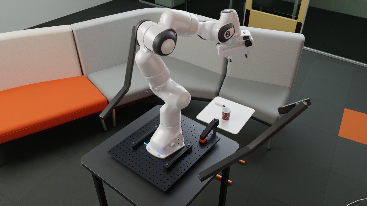 Recreated tabletop robot workcell with a robot arm beside lounge seating